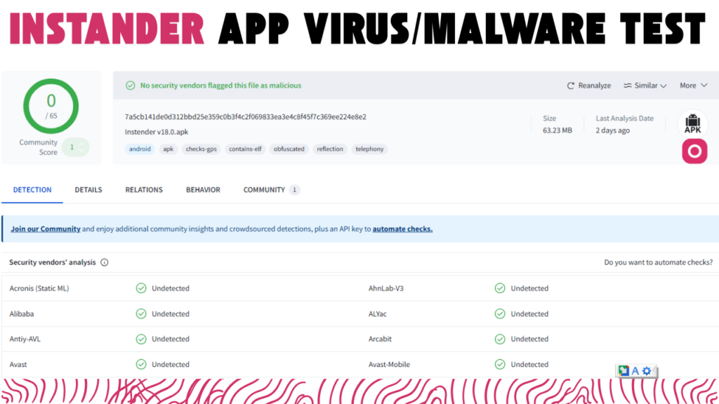 Instander App Virus and Malware test